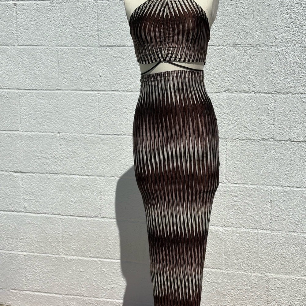 Chic Brown and Black Striped Two-Piece Dress